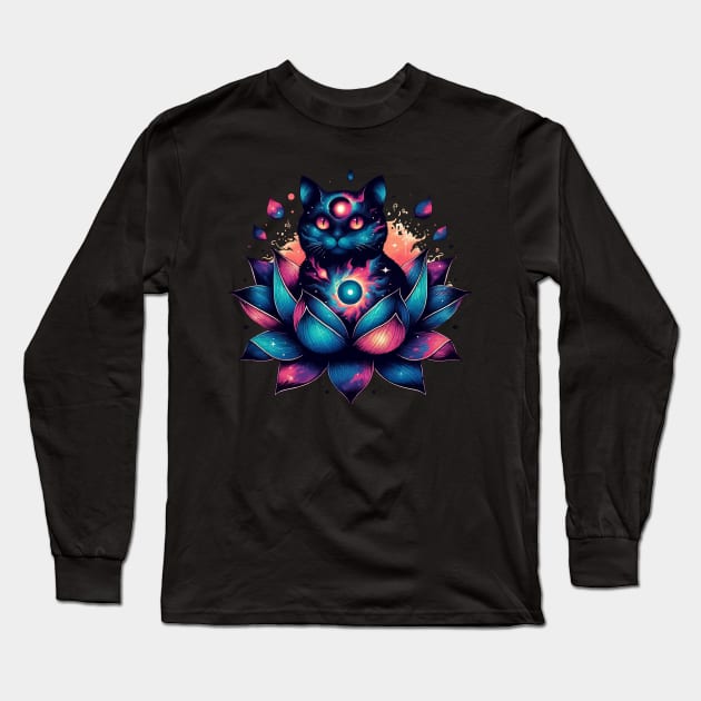 Colorful Abstract Cosmic Cat in Lotus Flower Long Sleeve T-Shirt by TomFrontierArt